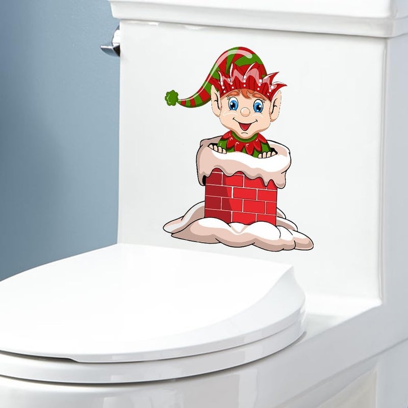 Iprokiu Christmas Toilet Sticker Chimney Santa Claus Reindeer Elf Toilet Seat Cover Decal Home Decor Waterproof Christmas Wall Sticker Elk Toilet Seat Lid Decal (Elf) - Image 2